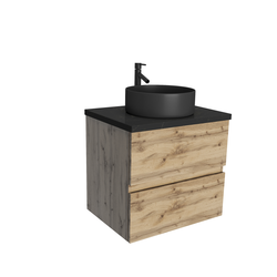 Meuble salle de bains 60cm Chêne Naturel 2 Tiroirs Plan en Bois Effet Marbre Noir + Vasque Ronde Noire