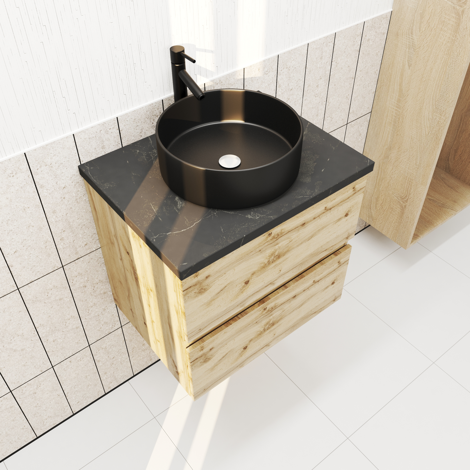 Meuble salle de bains 60cm Chêne Naturel 2 Tiroirs Plan en Bois Effet Marbre Noir + Vasque Ronde Noire Meuble salle de bains 60cm Chêne Naturel 2 Tiroirs Plan en Bois Effet Marbre Noir + Vasque Ronde Noire