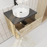 Meuble salle de bains 60cm Chêne Naturel 2 Tiroirs Plan en Bois Effet Marbre Noir + Vasque Ronde Blanche