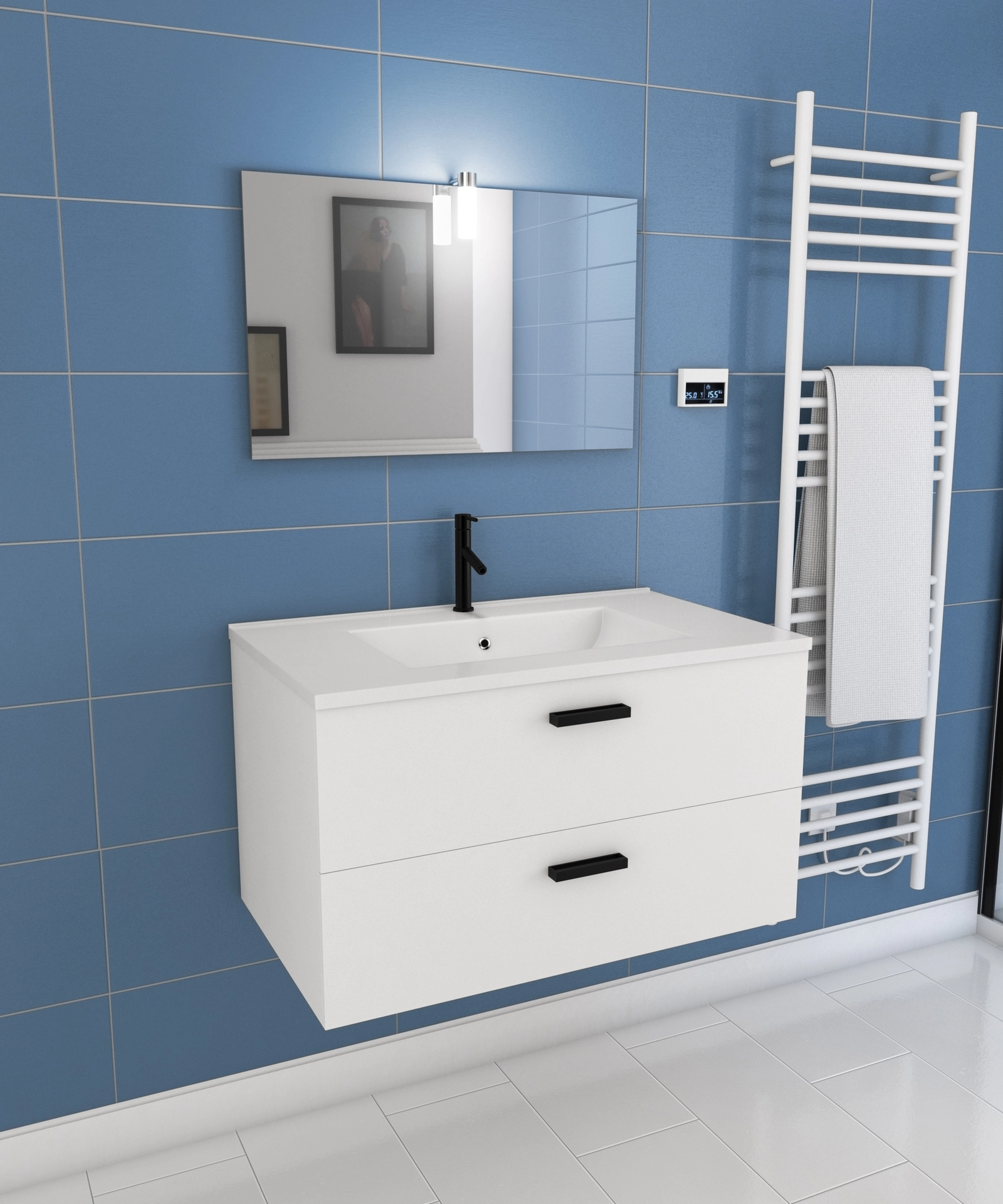 Meuble salle de bains 80 cm 2 Tiroirs Blanc avec Vasque blanche, miroir et applique Led - BOX LED