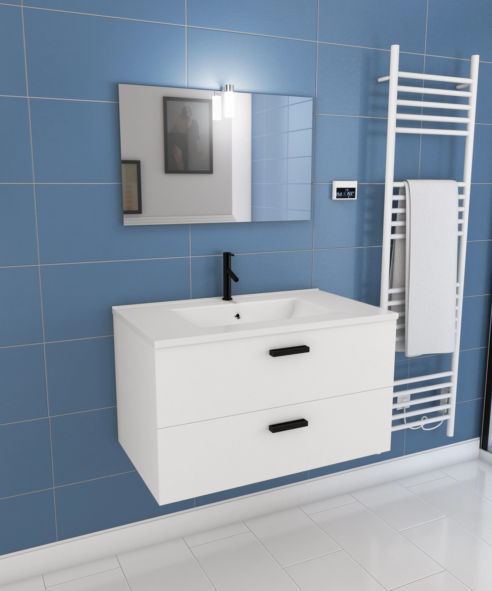 Meuble salle de bains 80 cm 2 Tiroirs Blanc avec Vasque blanche, miroir et applique Led - BOX LED Meuble salle de bains 80 cm 2 Tiroirs Blanc avec Vasque blanche, miroir et applique Led - BOX LED