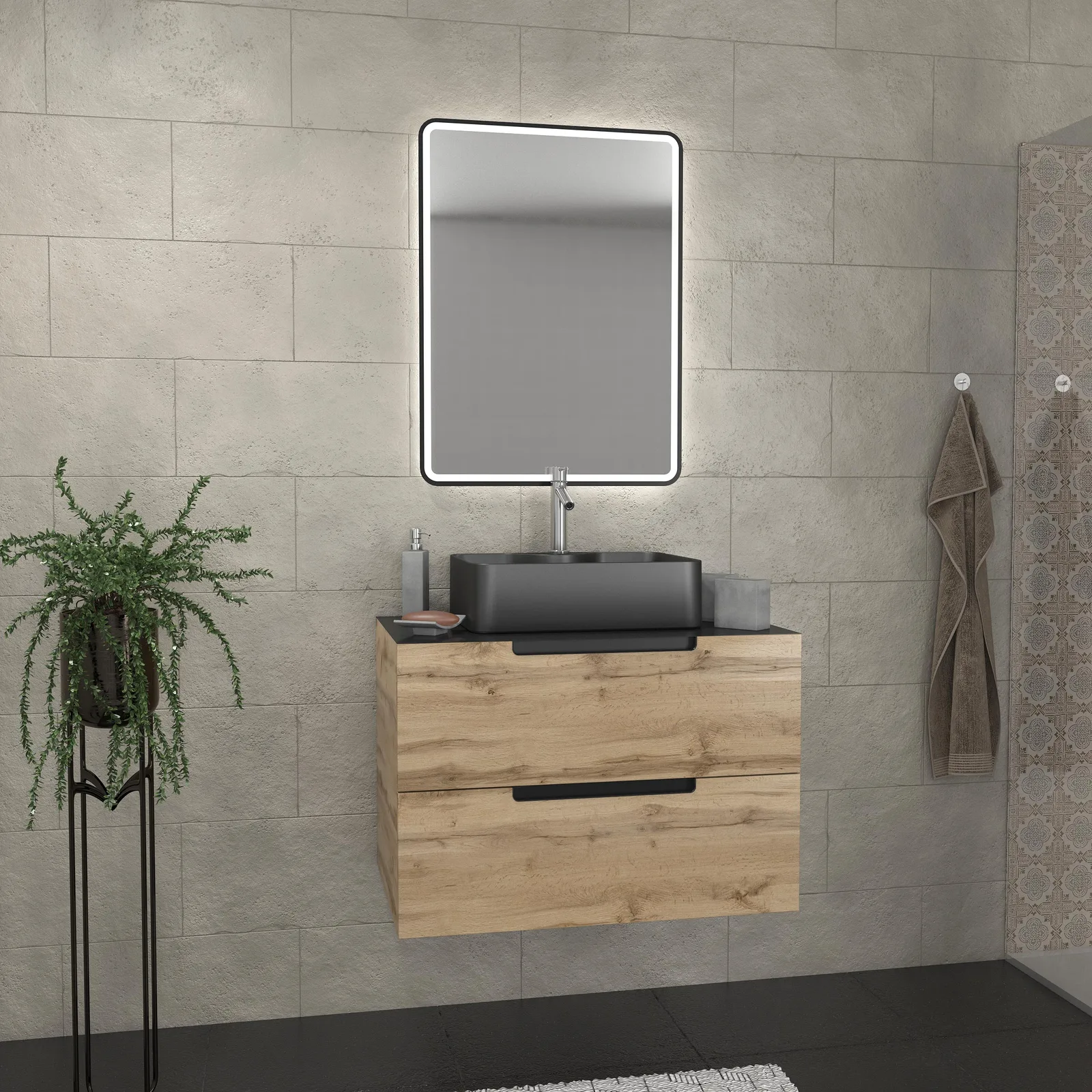 Meuble salle de bains 80 cm 2 tiroirs - Chêne et noir - Vasque rectangle - Miroir Black Led - OMEGA