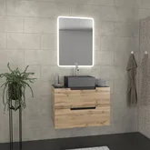 Meuble salle de bains 80 cm 2 tiroirs - Chêne et noir - Vasque carrée - Miroir Led - OMEGA