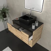 Meuble salle de bains 80 cm 2 tiroirs - Chêne et noir - Vasque carrée - Miroir Black Led - OMEGA