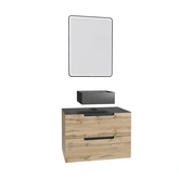 Meuble salle de bains 80 cm 2 tiroirs - Chêne et noir - Vasque carrée - Miroir Black Led - OMEGA