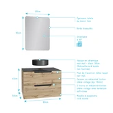 Meuble salle de bains 80 cm 2 tiroirs - Chêne et noir - Vasque ronde - Miroir 60x80 - OMEGA
