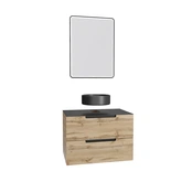 Meuble salle de bains 80 cm 2 tiroirs - Chêne et noir - Vasque ronde - Miroir Black Led - OMEGA