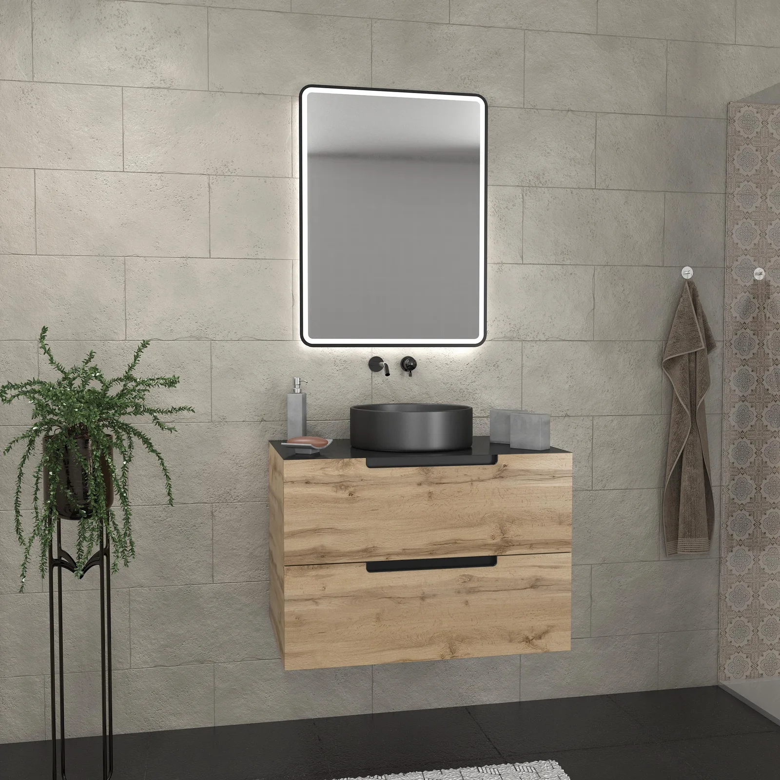 Meuble salle de bains 80 cm 2 tiroirs - Chêne et noir - Vasque ronde - Miroir Black Led - OMEGA