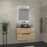 Meuble salle de bains 80 cm 2 tiroirs - Chêne et noir - Vasque ronde - Miroir Black Led - OMEGA