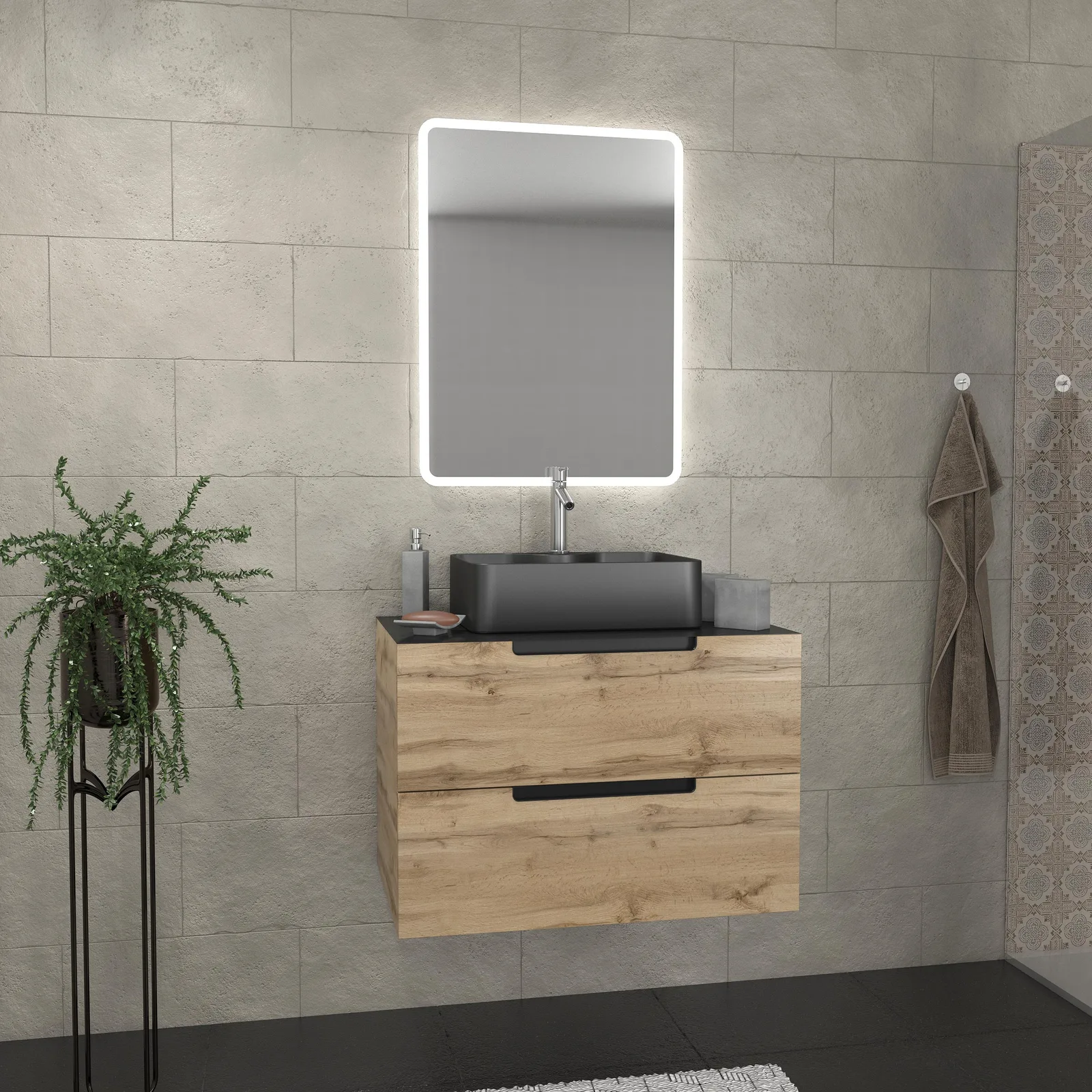 Meuble salle de bains 80 cm 2 tiroirs - Chêne et noir - Vasque rectangle - Miroir Led - OMEGA