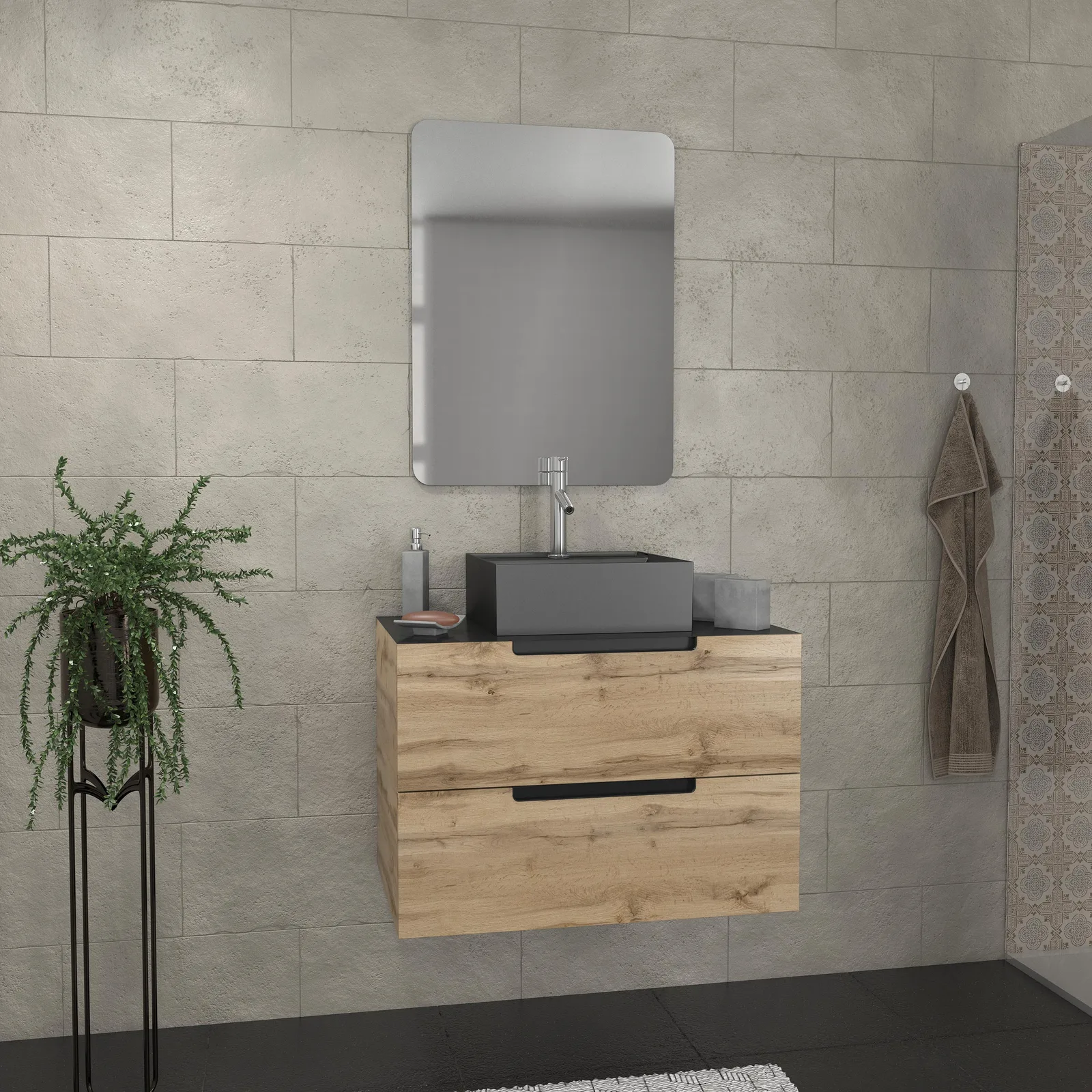 Meuble salle de bains 80 cm 2 tiroirs - Chêne et noir - Vasque carrée - Miroir 60x80 - OMEGA Meuble salle de bains 80 cm 2 tiroirs - Chêne et noir - Vasque carrée - Miroir 60x80 - OMEGA