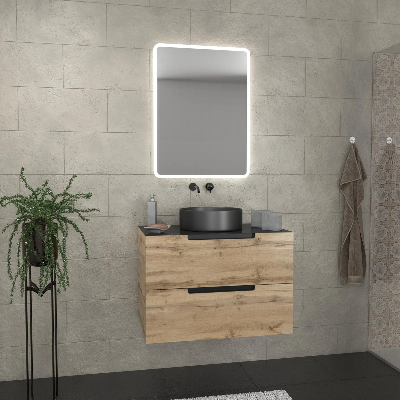 Meuble salle de bains 80 cm 2 tiroirs - Chêne et noir - Vasque ronde - Miroir Led - OMEGA