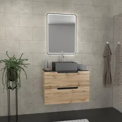 Meuble salle de bains 80 cm 2 tiroirs - Chêne et noir - Vasque carrée - Miroir Black Led - OMEGA