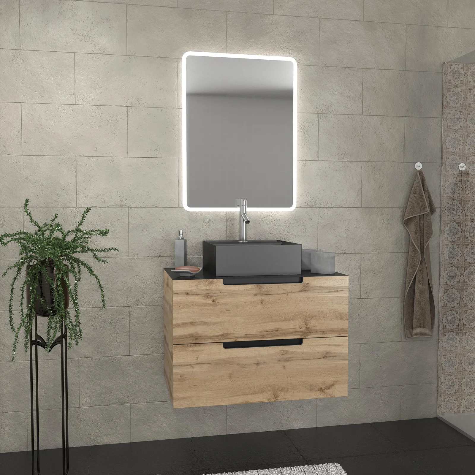 Meuble salle de bains 80 cm 2 tiroirs - Chêne et noir - Vasque carrée - Miroir Led - OMEGA Meuble salle de bains 80 cm 2 tiroirs - Chêne et noir - Vasque carrée - Miroir Led - OMEGA