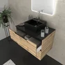 Meuble salle de bains 80 cm 2 tiroirs - Chêne et noir - Vasque carrée - Miroir Led - OMEGA