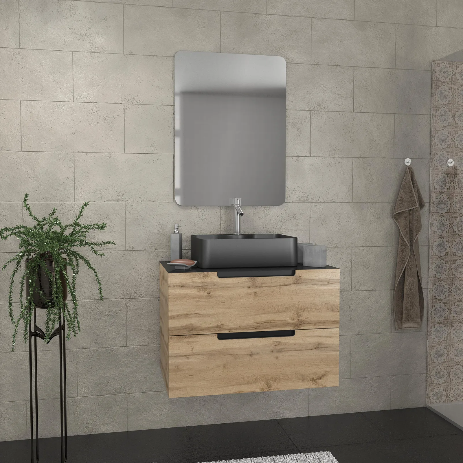 Meuble salle de bains 80 cm 2 tiroirs - Chêne et noir - Vasque rectangle - Miroir 60x80 - OMEGA Meuble salle de bains 80 cm 2 tiroirs - Chêne et noir - Vasque rectangle - Miroir 60x80 - OMEGA