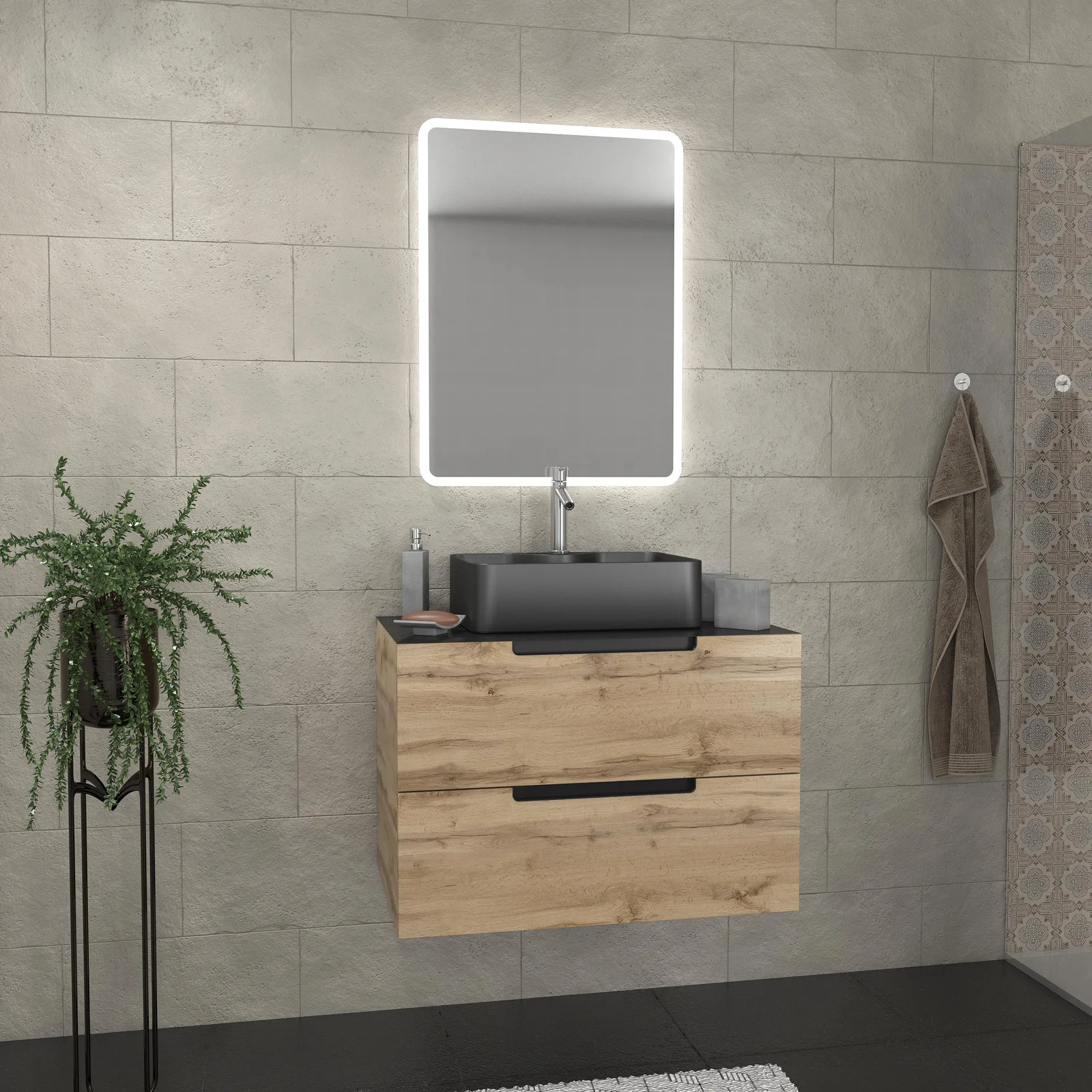 Meuble salle de bains 80 cm 2 tiroirs - Chêne et noir - Vasque rectangle - Miroir Led - OMEGA Meuble salle de bains 80 cm 2 tiroirs - Chêne et noir - Vasque rectangle - Miroir Led - OMEGA