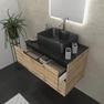 Meuble salle de bains 80 cm 2 tiroirs - Chêne et noir - Vasque rectangle - Miroir Led - OMEGA