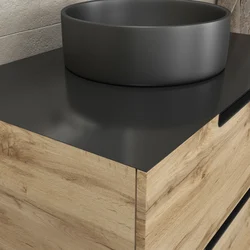 Meuble salle de bains 80 cm 2 tiroirs - Chêne et noir - Vasque ronde - Miroir Led - OMEGA