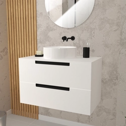 Meuble salle de bains 80 cm Blanc Laqué à suspendre - 2 tiroirs - Vasque Blanche Ø36 cm - JAZZ