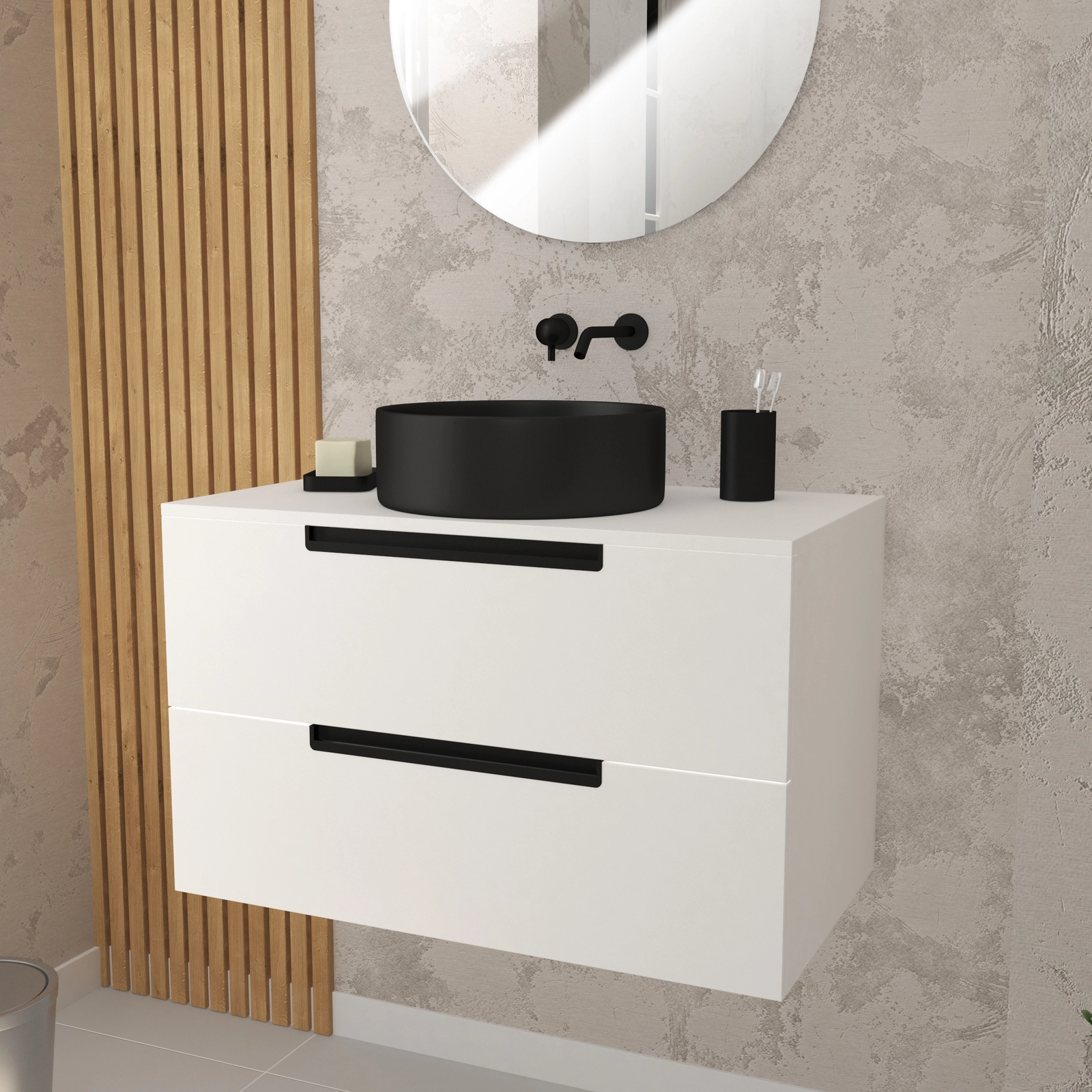 Meuble salle de bains 80 cm Blanc Laqué à suspendre - 2 tiroirs - Vasque Noire Ø36 cm - JAZZ
