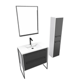 Meuble Salle de Bains 80 cm, Vasque Blanche, Miroir Led et Colonne - Blanc et Noir - STRUCTURA