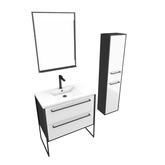 Meuble Salle de Bains 80 cm, Vasque Blanche, Miroir Led et Colonne - Noir et Blanc - STRUCTURA