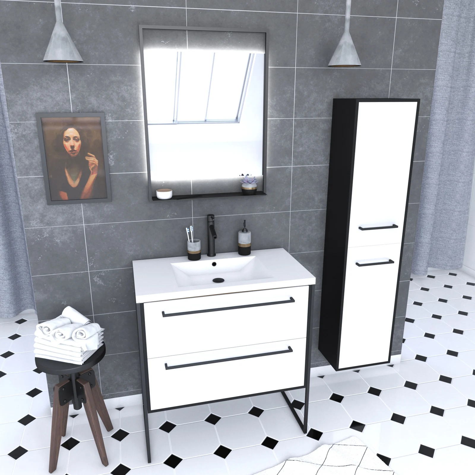 Meuble Salle de Bains 80 cm, Vasque Blanche, Miroir Led et Colonne - Noir et Blanc - STRUCTURA Meuble Salle de Bains 80 cm, Vasque Blanche, Miroir Led et Colonne - Noir et Blanc - STRUCTURA