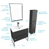 Meuble Salle de Bains 80 cm, Vasque Blanche, Miroir Led et Colonne - Noir - STRUCTURA