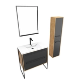 Meuble Salle de Bains 80 cm, Vasque Blanche, Miroir Led et Colonne - Chêne et Noir - STRUCTURA