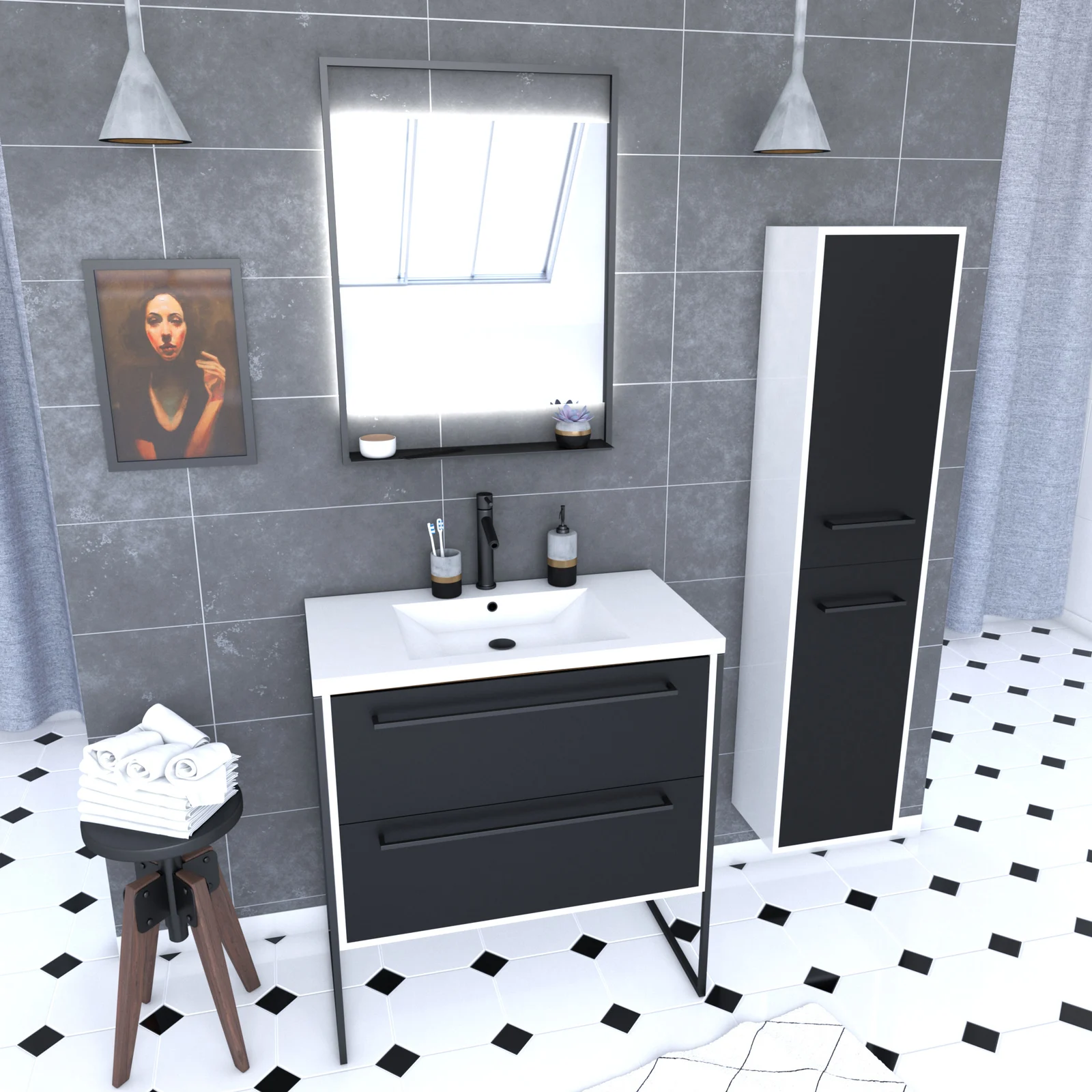 Meuble Salle de Bains 80 cm, Vasque Blanche, Miroir Led et Colonne - Blanc et Noir - STRUCTURA Meuble Salle de Bains 80 cm, Vasque Blanche, Miroir Led et Colonne - Blanc et Noir - STRUCTURA