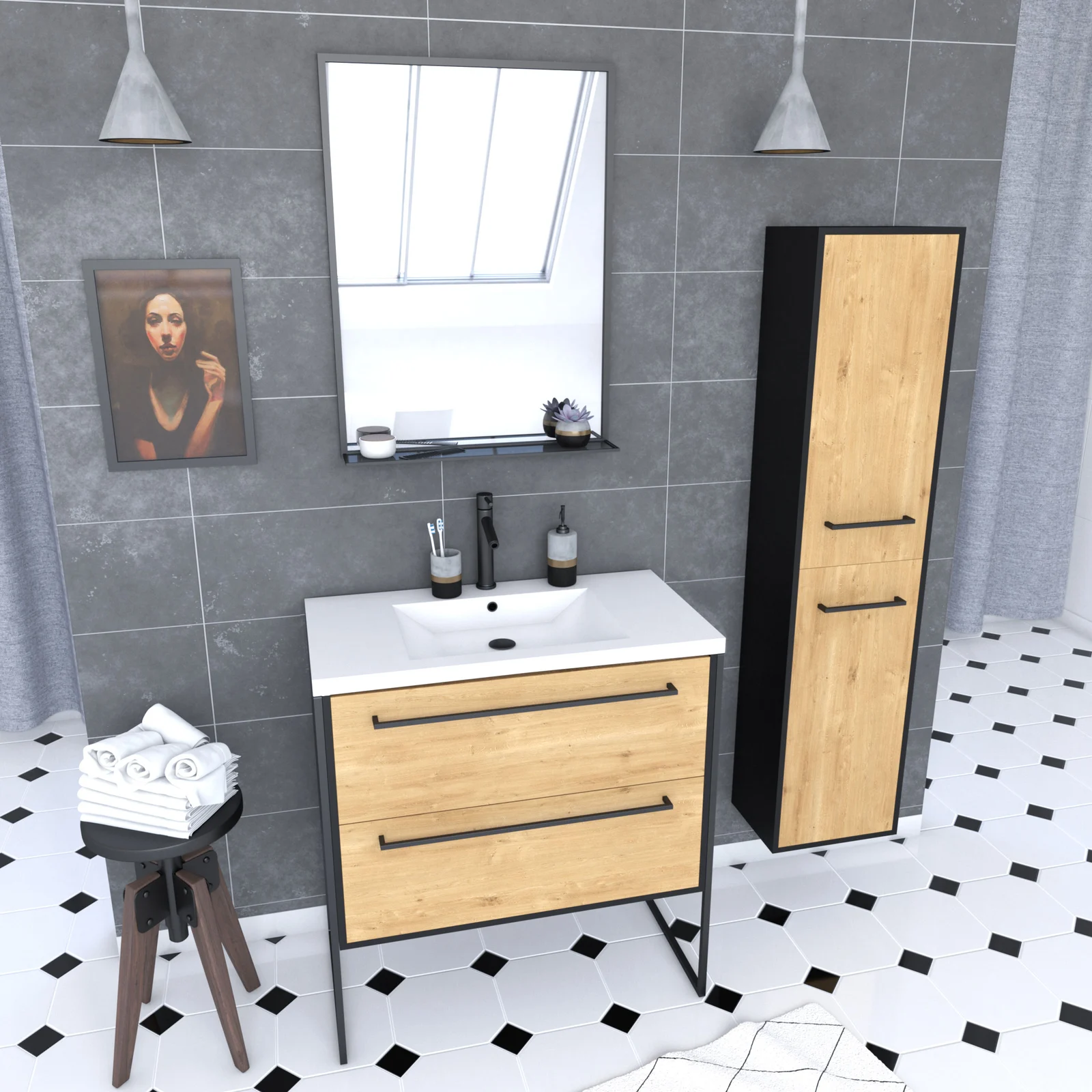 Meuble Salle de Bains 80 cm, Vasque Blanche, Miroir et Colonne - Chêne et Noir - STRUCTURA Meuble Salle de Bains 80 cm, Vasque Blanche, Miroir et Colonne - Chêne et Noir - STRUCTURA
