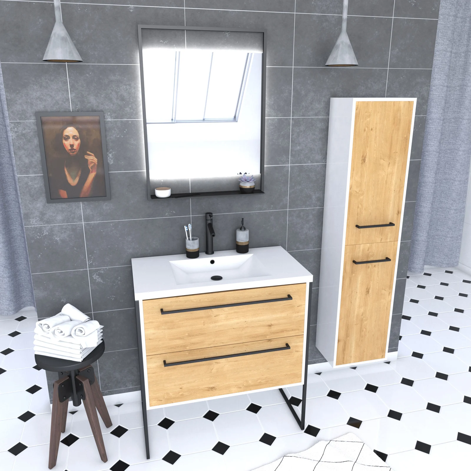 Meuble Salle de Bains 80 cm, Vasque Blanche, Miroir Led et Colonne - Blanc et Chêne - STRUCTURA Meuble Salle de Bains 80 cm, Vasque Blanche, Miroir Led et Colonne - Blanc et Chêne - STRUCTURA