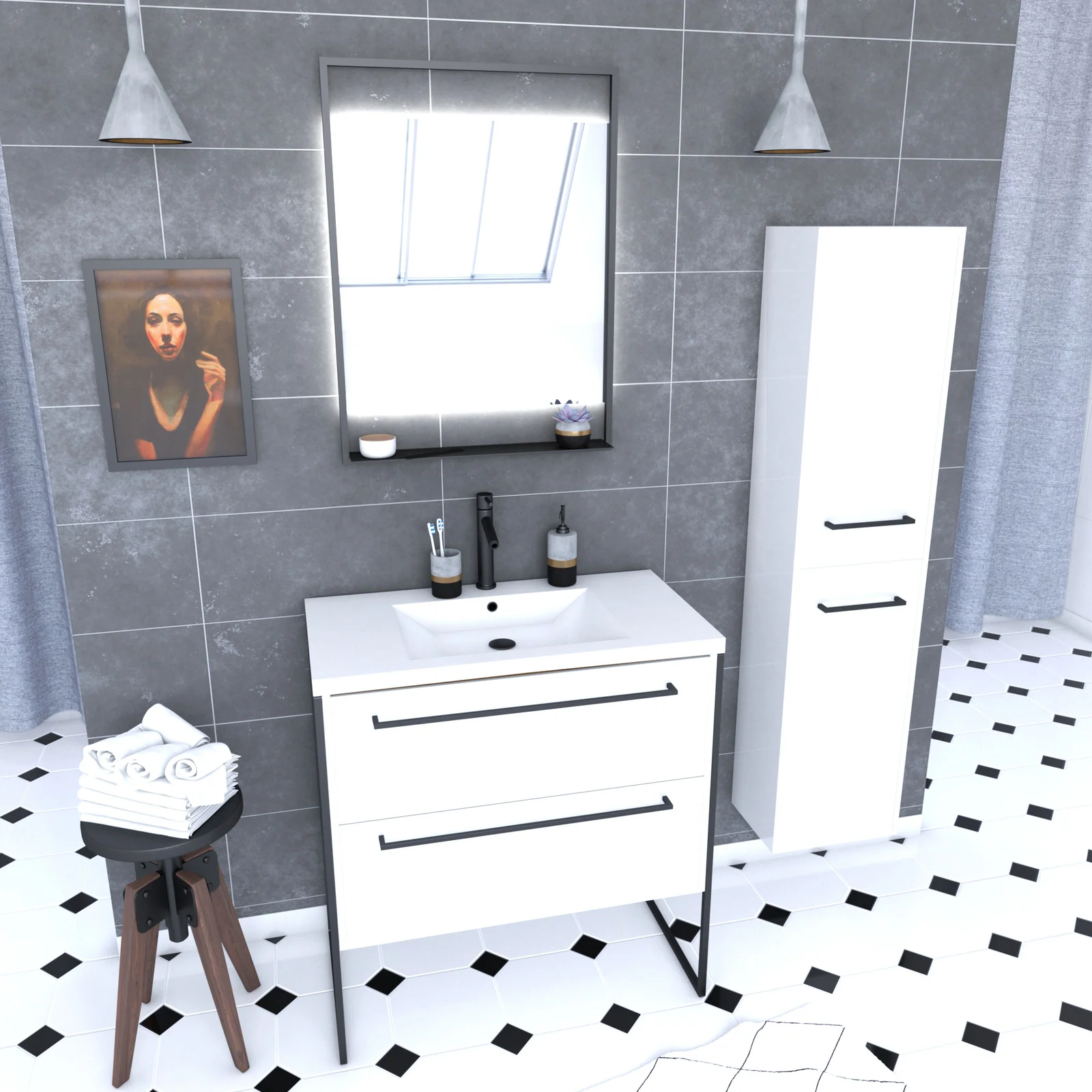 Meuble Salle de Bains 80 cm, Vasque Blanche, Miroir Led et Colonne - Blanc - STRUCTURA Meuble Salle de Bains 80 cm, Vasque Blanche, Miroir Led et Colonne - Blanc - STRUCTURA