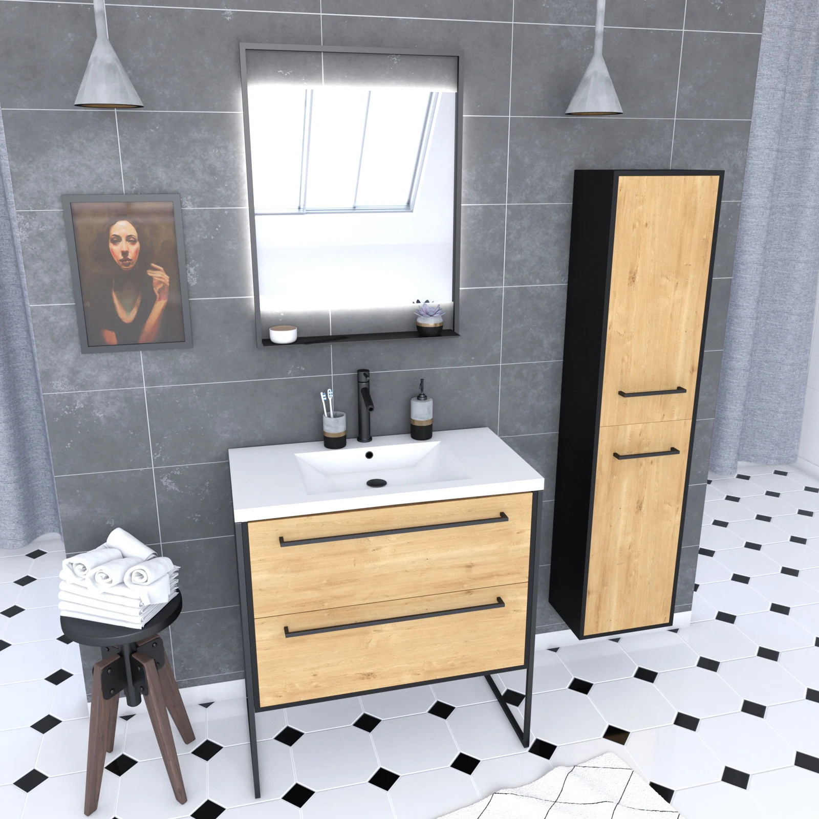 Meuble Salle de Bains 80 cm, Vasque Blanche, Miroir Led et Colonne - Chêne et Noir - STRUCTURA Meuble Salle de Bains 80 cm, Vasque Blanche, Miroir Led et Colonne - Chêne et Noir - STRUCTURA