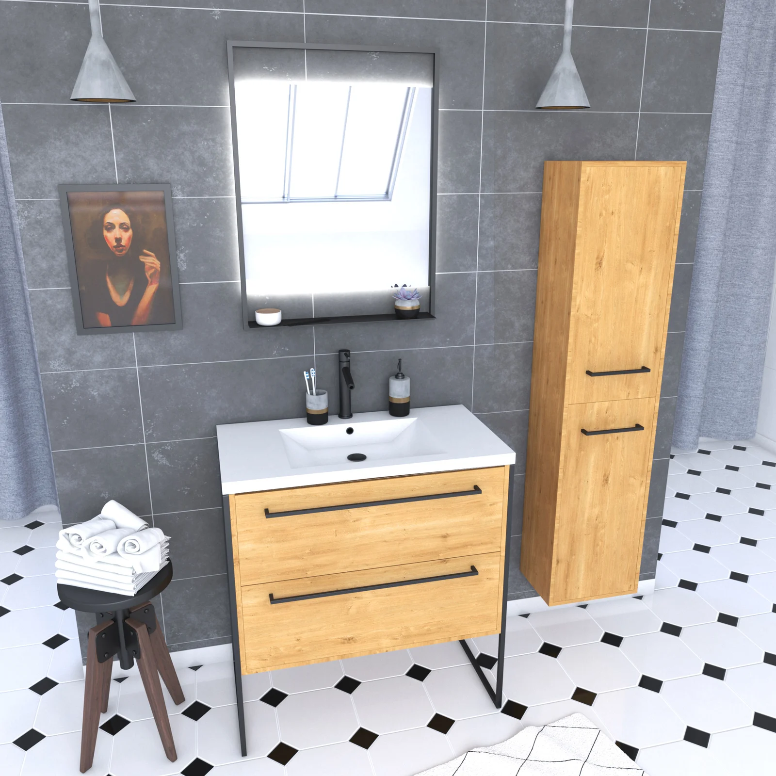 Meuble Salle de Bains 80 cm, Vasque Blanche, Miroir Led et Colonne - Chêne Naturel - STRUCTURA Meuble Salle de Bains 80 cm, Vasque Blanche, Miroir Led et Colonne - Chêne Naturel - STRUCTURA