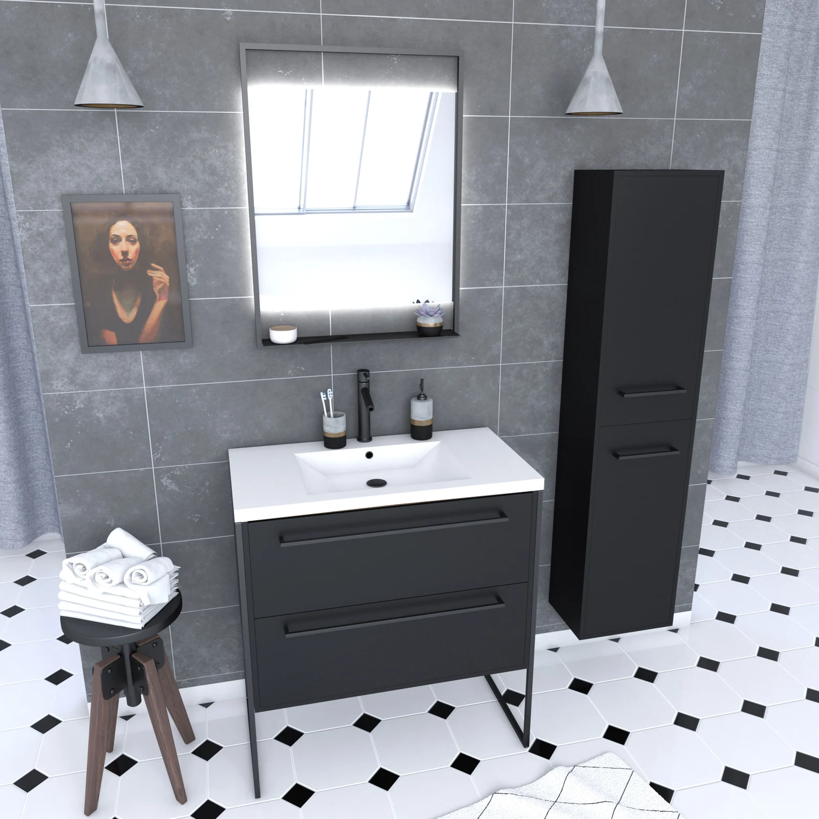Meuble Salle de Bains 80 cm, Vasque Blanche, Miroir Led et Colonne - Noir - STRUCTURA Meuble Salle de Bains 80 cm, Vasque Blanche, Miroir Led et Colonne - Noir - STRUCTURA