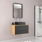 Meuble Salle de Bains 80 cm, Vasque Carrée et Miroir - Chêne naturel et Noir Mat - UBY