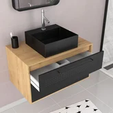 Meuble Salle de Bains 80 cm, Vasque Carrée et Miroir - Chêne naturel et Noir Mat - UBY