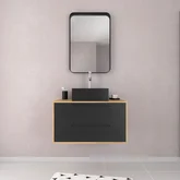 Meuble Salle de Bains 80 cm, Vasque Carrée et Miroir - Chêne naturel et Noir Mat - UBY