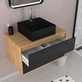 Meuble Salle de Bains 80 cm, Vasque Carrée et Miroir Led - Chêne naturel et Noir Mat - UBY