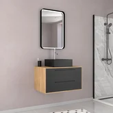 Meuble Salle de Bains 80 cm, Vasque Carrée et Miroir Led - Chêne naturel et Noir Mat - UBY