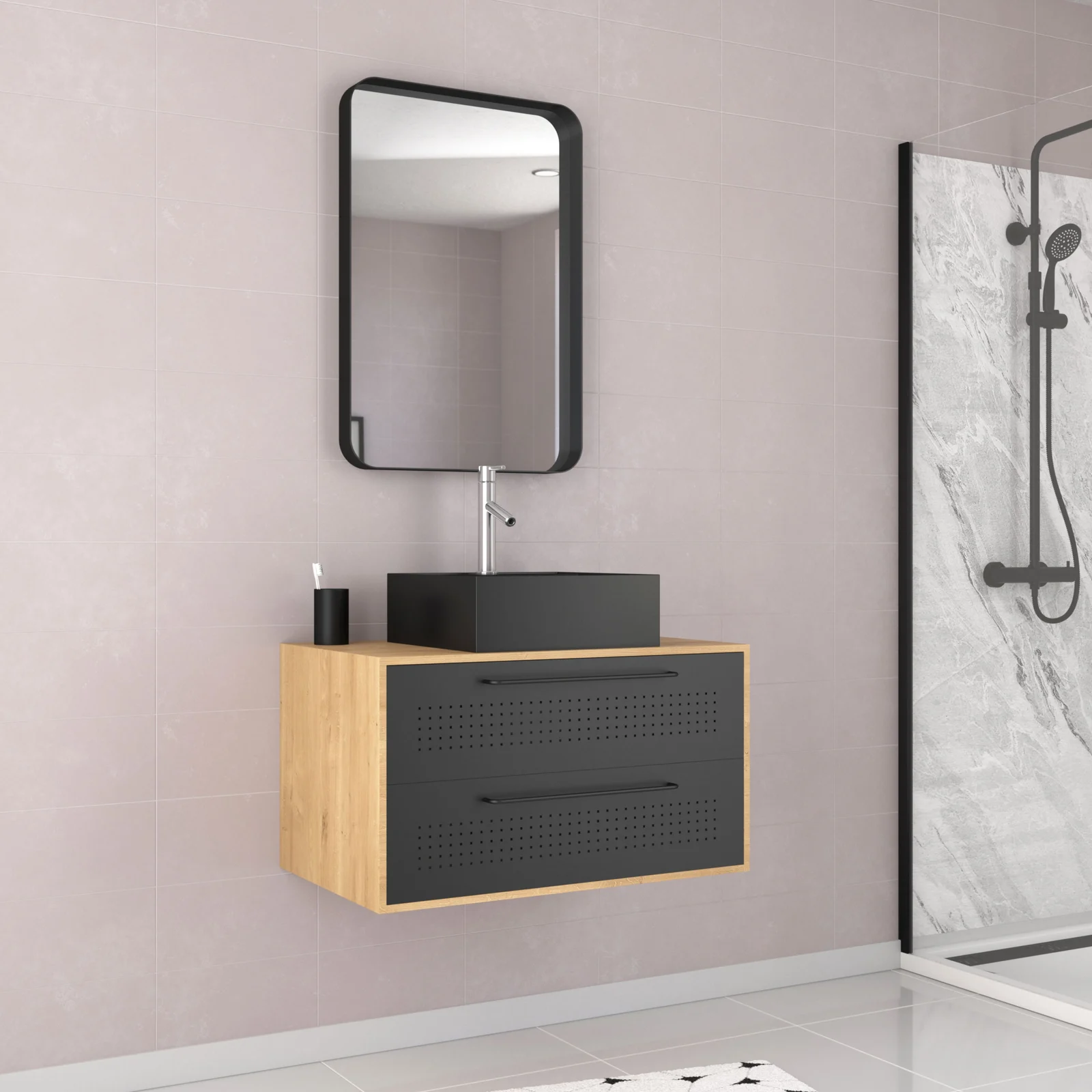 Meuble Salle de Bains 80 cm, Vasque Carrée et Miroir - Chêne naturel et Noir Mat - UBY Meuble Salle de Bains 80 cm, Vasque Carrée et Miroir - Chêne naturel et Noir Mat - UBY