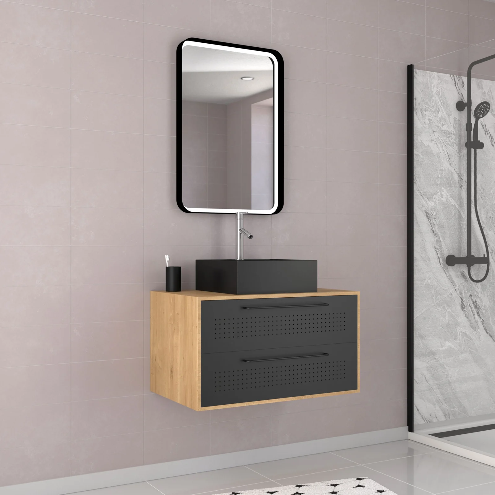 Meuble Salle de Bains 80 cm, Vasque Carrée et Miroir Led - Chêne naturel et Noir Mat - UBY Meuble Salle de Bains 80 cm, Vasque Carrée et Miroir Led - Chêne naturel et Noir Mat - UBY