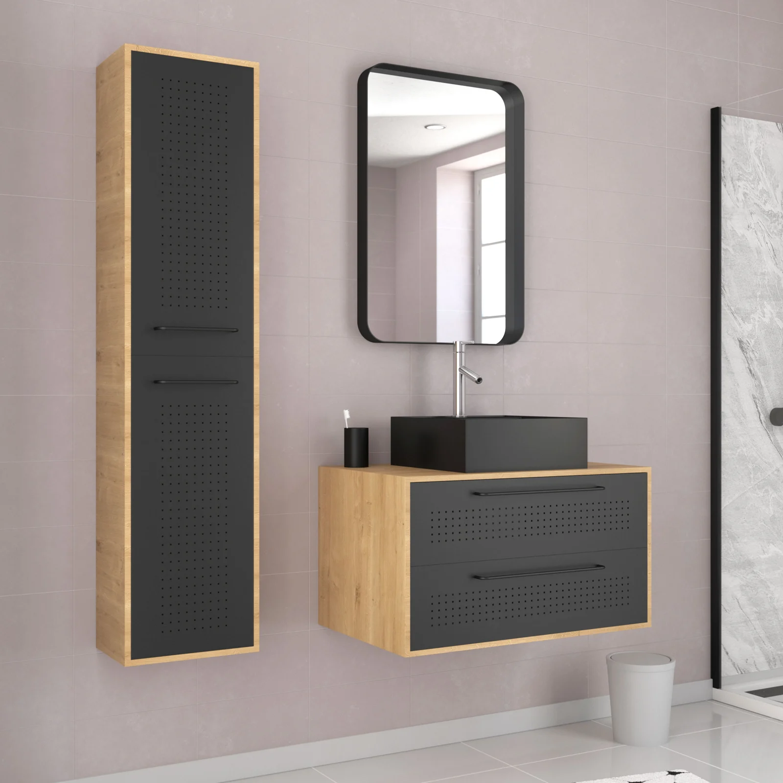 Meuble Salle de Bains 80 cm, Vasque Carrée, Miroir et Colonne - Chêne naturel et Noir - UBY Meuble Salle de Bains 80 cm, Vasque Carrée, Miroir et Colonne - Chêne naturel et Noir - UBY