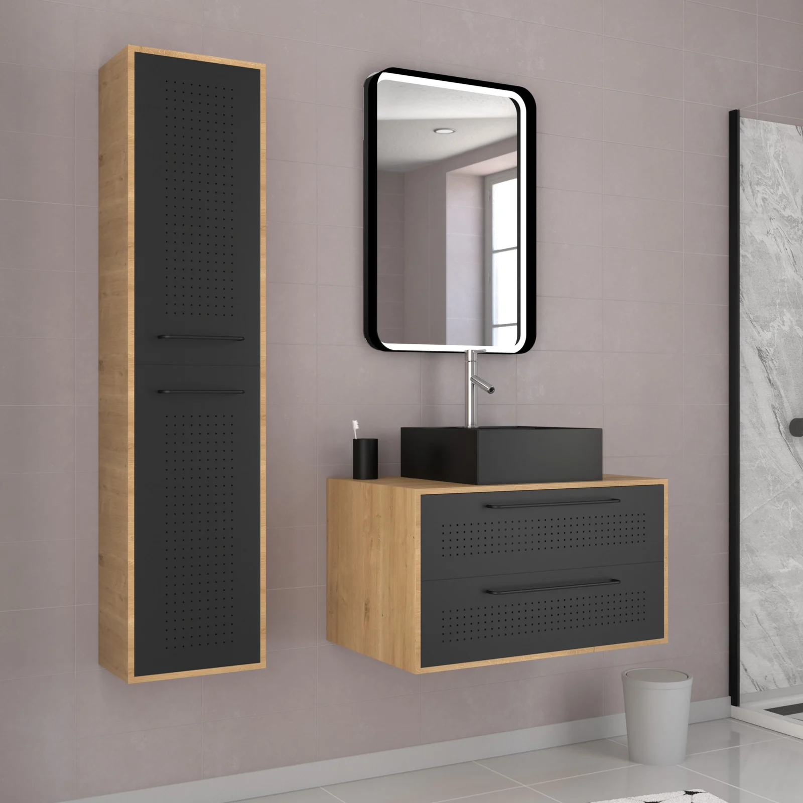 Meuble Salle de Bains 80 cm, Vasque Carrée, Miroir Led et Colonne - Chêne naturel et Noir - UBY Meuble Salle de Bains 80 cm, Vasque Carrée, Miroir Led et Colonne - Chêne naturel et Noir - UBY