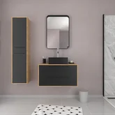 Meuble Salle de Bains 80 cm, Vasque Carrée, Miroir et Colonne - Chêne naturel et Noir - UBY