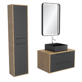 Meuble Salle de Bains 80 cm, Vasque Carrée, Miroir Led et Colonne - Chêne naturel et Noir - UBY