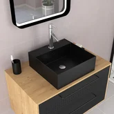 Meuble Salle de Bains 80 cm, Vasque Carrée, Miroir Led et Colonne - Chêne naturel et Noir - UBY