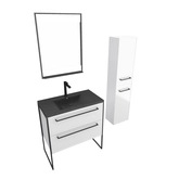 Meuble Salle de Bains 80 cm, Vasque Noire, Miroir Led et Colonne - Blanc - STRUCTURA